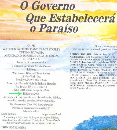 Brochura O Governo Que Estabelecera o Paraiso Betel divulga doutrina falsa