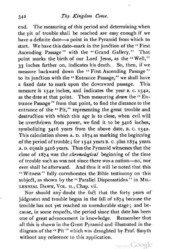 Reprodução da página 342 do 3.° volume de Studies in the Scripture Medidas em polegadas extraídas da Pirâmide de Gizê, assinaladas: 3416, e que levam ao ano de 1874